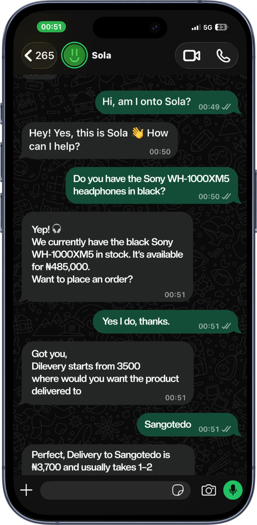 Sola closing a WhatsApp sale for a Nigerian electronics store